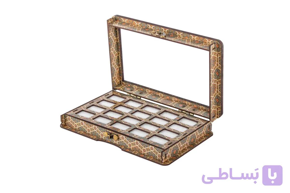 جعبه جای انگشتر چوبی 20 عددی با قفل و لولای فلزی (خاتم) — تصویر 1