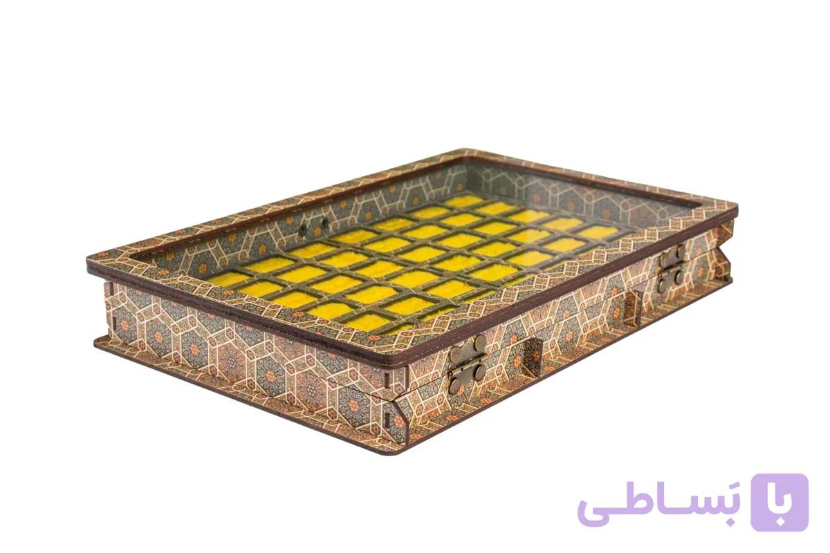 جعبه انگشتری 42 عددی چوبی با قفل و لولای فلزی (طرح خاتم) — تصویر 1