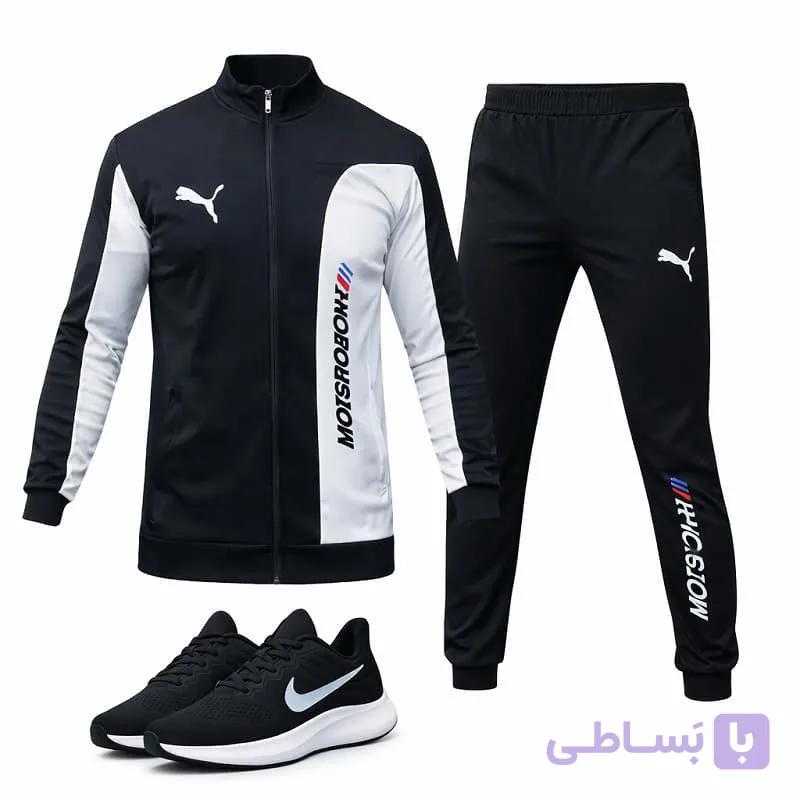 ست سوییشرت شلوار مردانه مشکی مدل MotorSport کفش ورزشی مردانه Nike مدل Tigo زیره سفید — تصویر 1