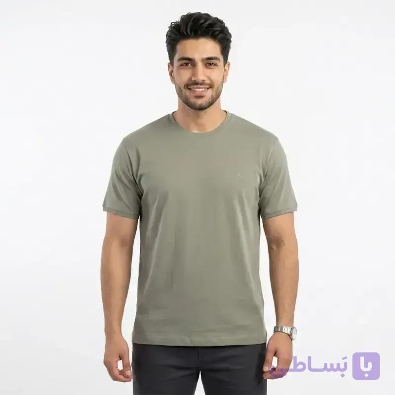 تیشرت بیسیک مردانه یقه گرد پنبه خالص رنگ یشمی — تصویر 1