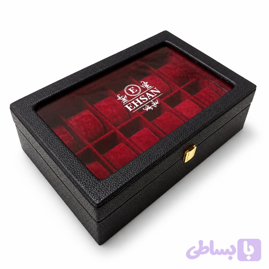 جعبه ساعت 12 خانه چوبی روکش چرم با حک نام اختصاصی