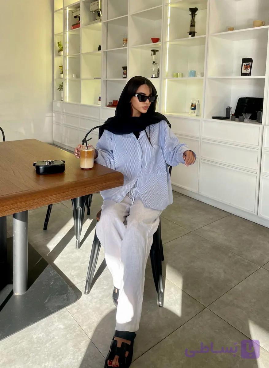 شومیز زنانه راه راه پوپلین آستین بلند
