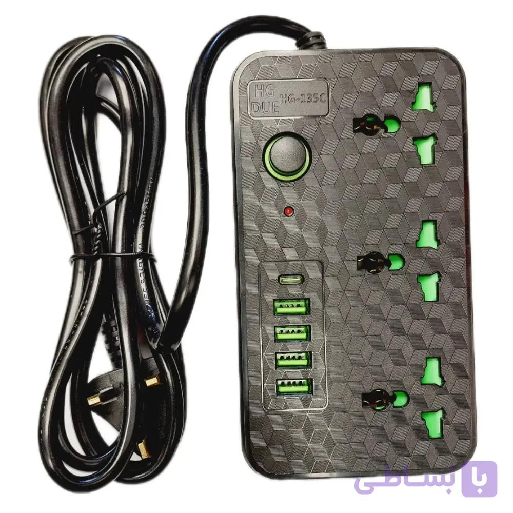 3 راهی برق 4 پورت USB و 1 پورت تایپ سی طول 2.0 متر HG-135C — تصویر 1