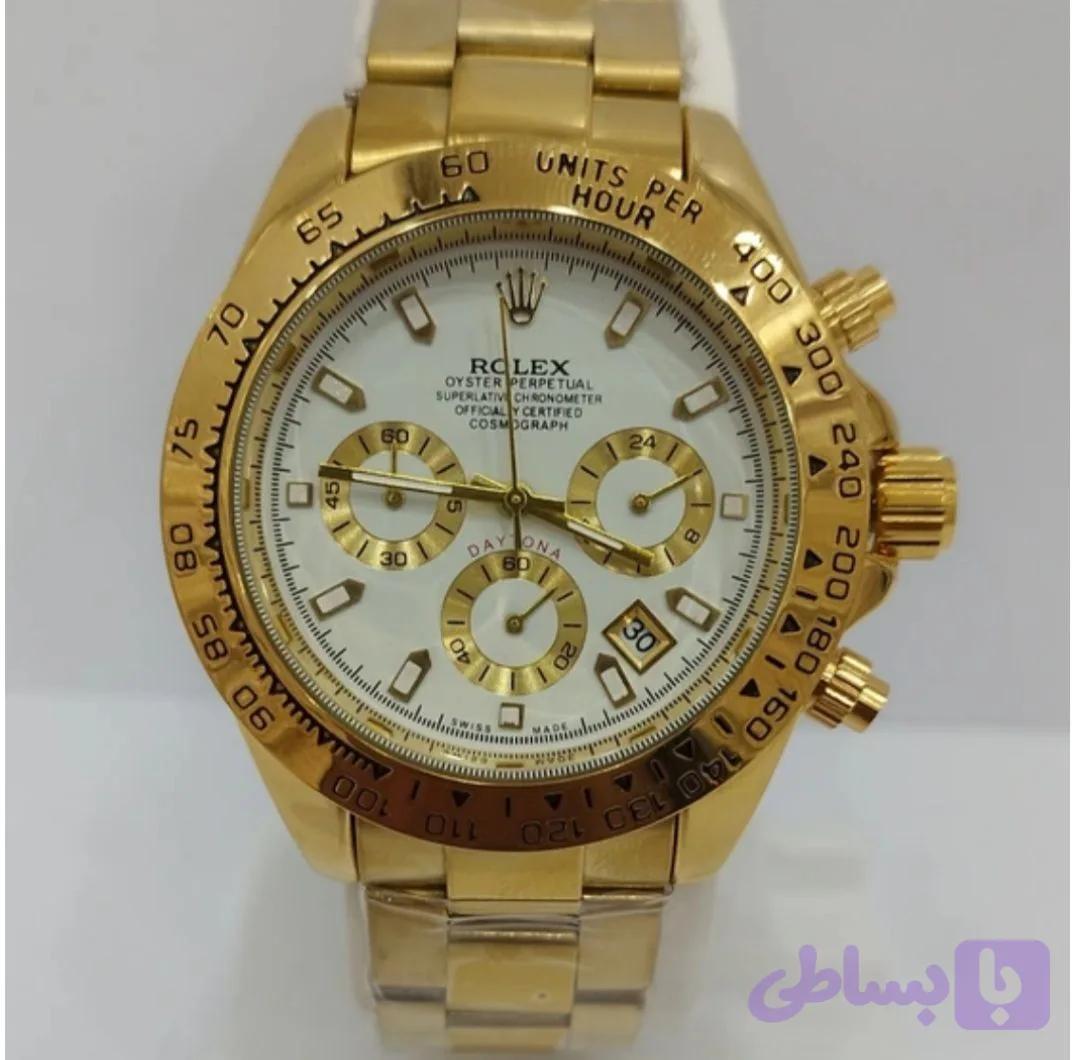 ساعت مچی مردانه سه موتور فعال کرنوگراف بند طلایی صفحه سفید برند رولکس ROLEX،تکی به قیمت عمده