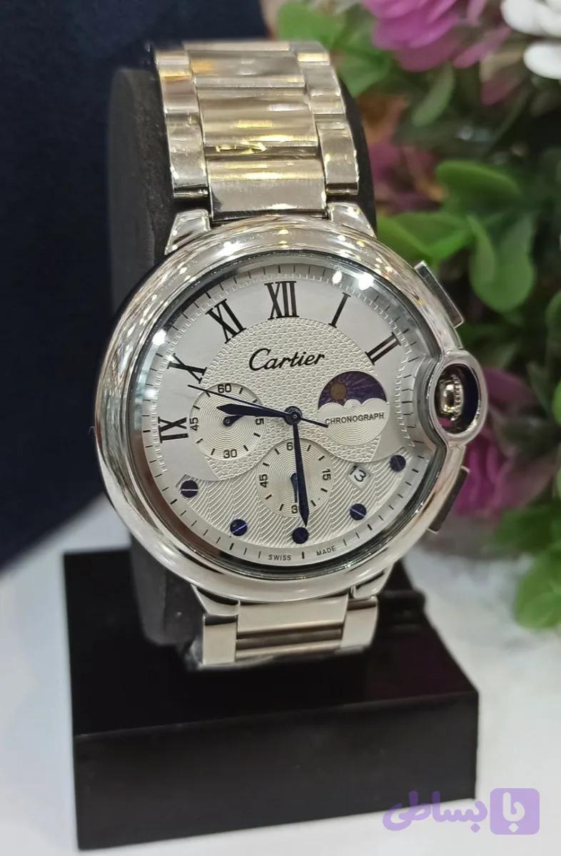 ساعت مچی مردانه سه موتور فعال کرنوگراف بند نقره ای صفحه سفید برند کارتیر CARTIER،تکی به قیمت عمده