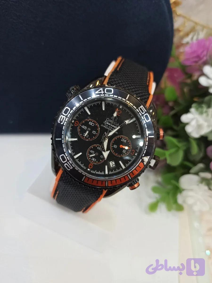ساعت مچی مردانه سه موتور فعال کرنوگراف بند مشکی صفحه مشکی برند اُمگا فضایی OMEGA،تکی به قیمت عمده