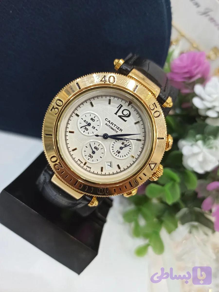 ساعت مچی مردانه سه موتور فعال کرنوگراف بند مشکی صفحه طوسی برند کارتیر CARTIER