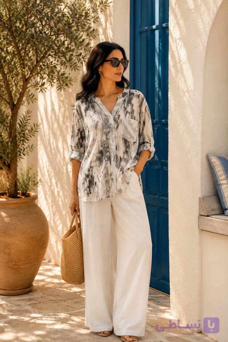 شومیز لینن زنانه سفید و طوسی