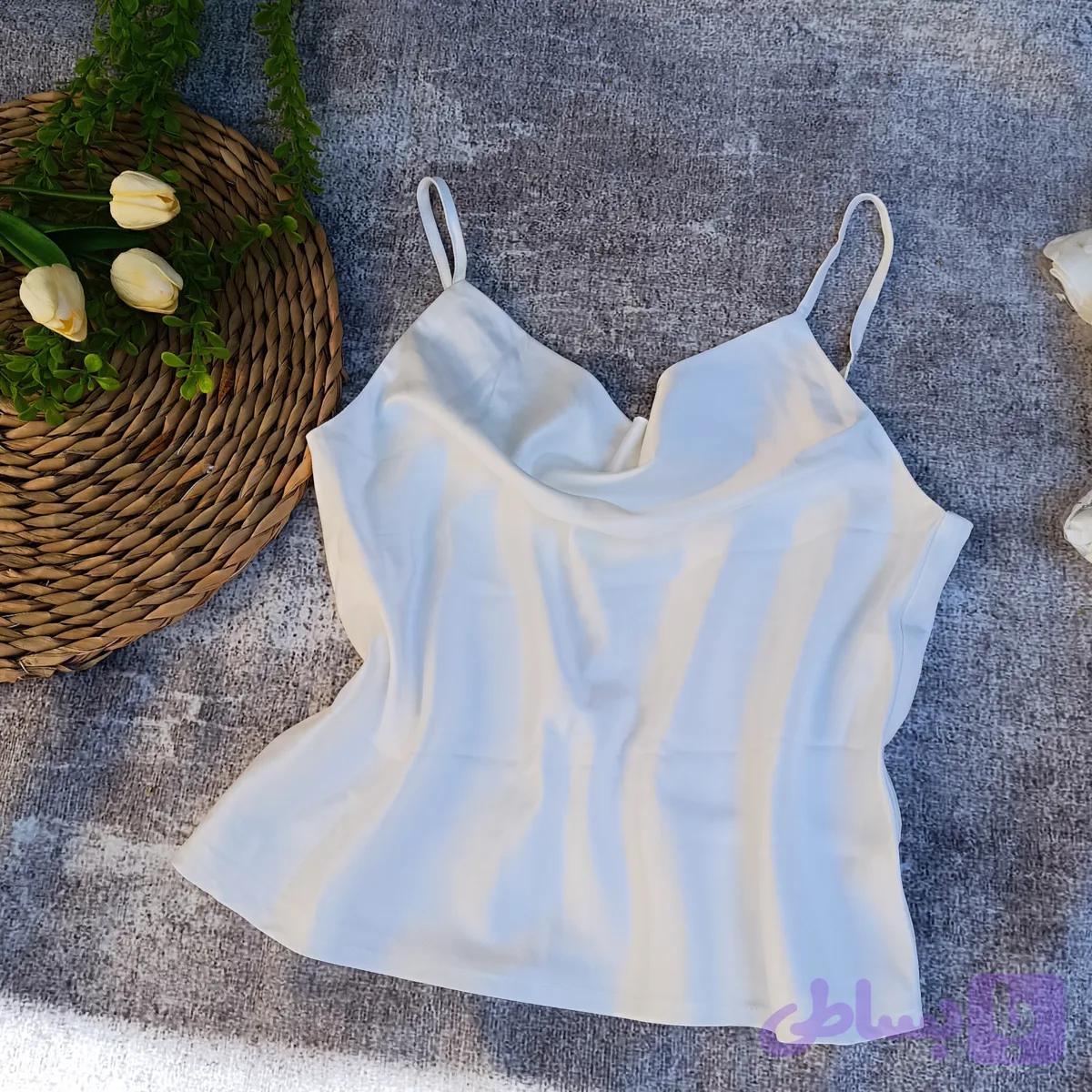 تاپ ساتن سفید شیری،بند قابل تنظیم(سایز34و36)