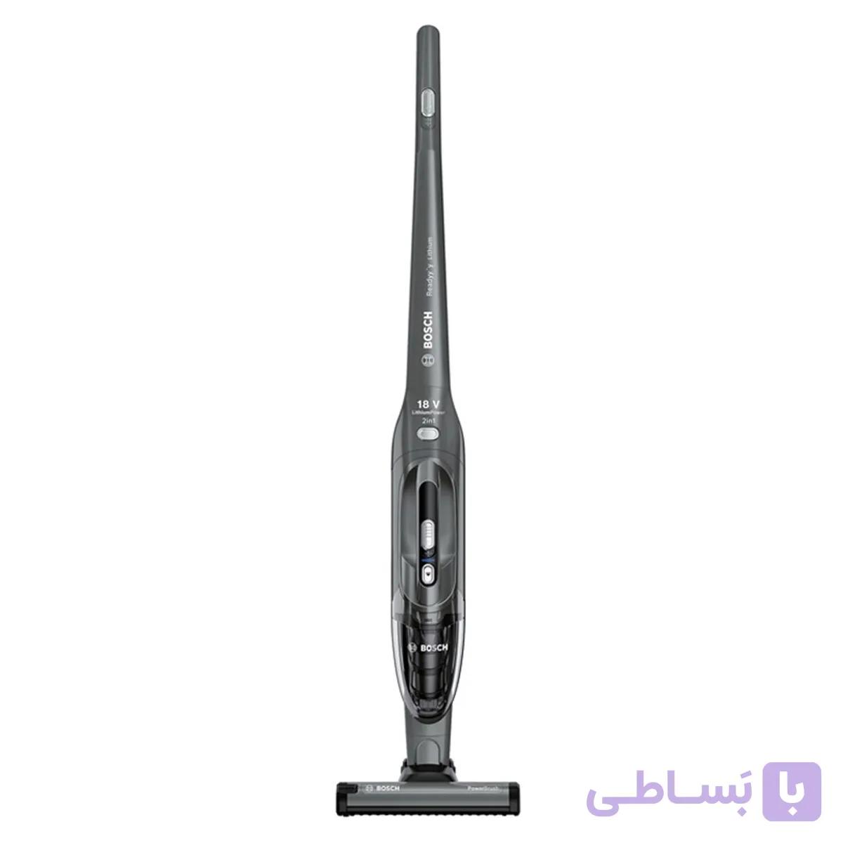 جارو شارژی عصایی بوش مدل BBHL21841 با باتری لیتیوم-یونی 18 ولت، قابلیت تبدیل به جاروی دستی، مخزن 0.4 لیتر، نشانگر شارژ و پر بودن مخزن، فیلتر قابل شست‌وشو و قابلیت چرخش تا 90 درجه — تصویر 1