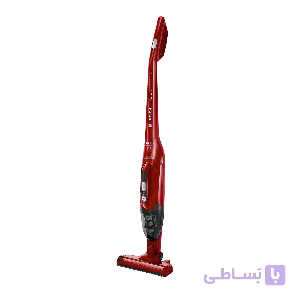 جارو شارژی عصایی بوش مدل BBHF214R با باتری لیتیوم-یون 14.4 ولت، قابلیت 2in1 پایه‌دار و دستی، وزن سبک 2.4 کیلوگرم، ظرفیت مخزن 0.4 لیتر و زمان شارژ سریع 5 دقیقه، مناسب نظافت فرش، مبلمان و خودرو — تصویر 1