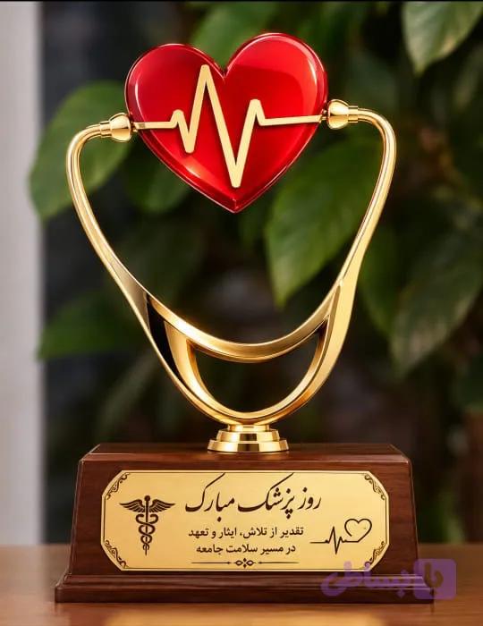 تندیس فلزی روز پزشک با پایه چوبی