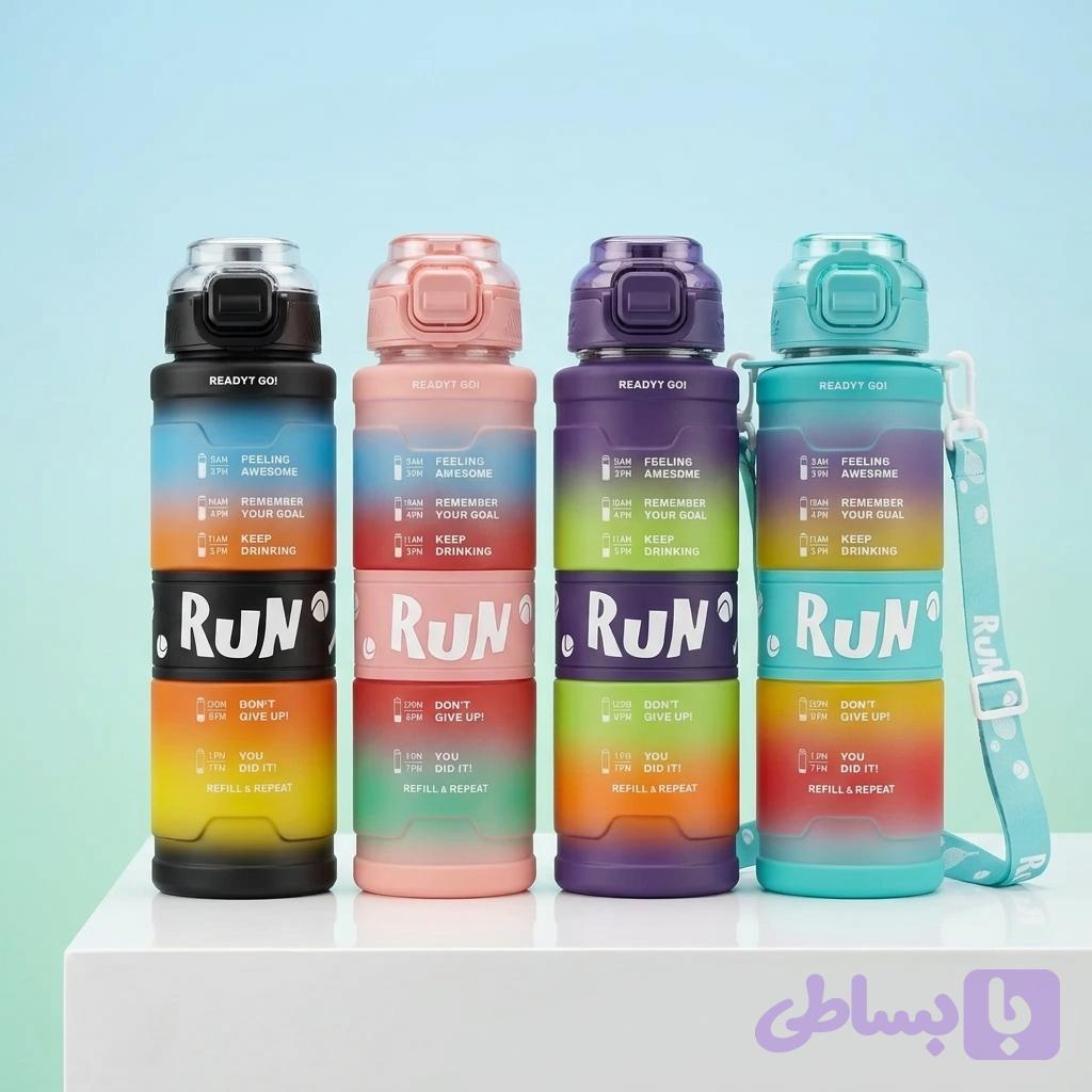 قمقمه ورزشی نی دار ۱ لیتری مدل RUN ، قفل ضامن دار + بند دوشی قابل تنظیم