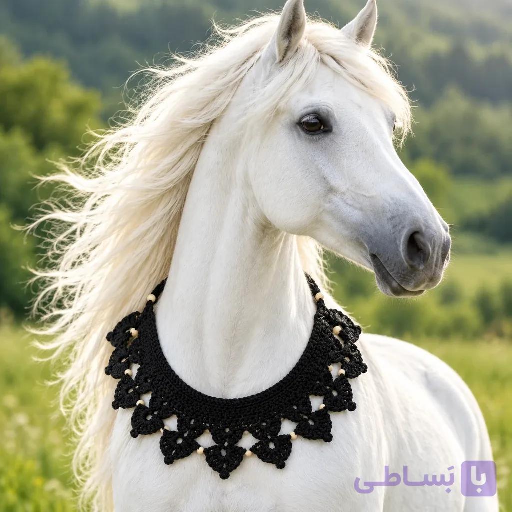 گردنبند زینتی اسب  قلابافی بند تنظیم کننده در دو رنگ مشکی و سفید رنگ مشکی