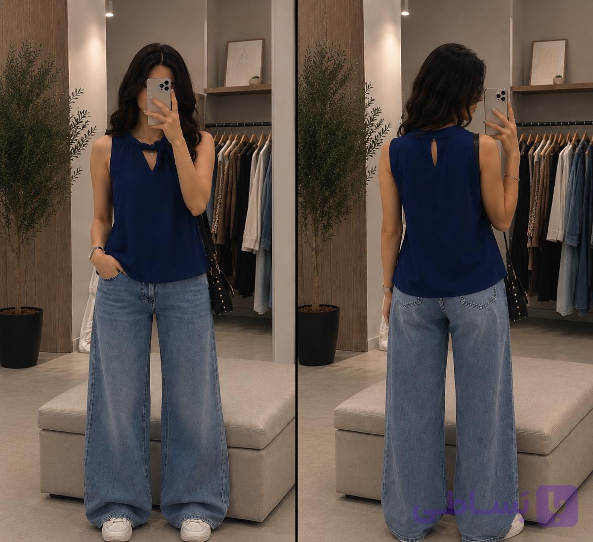 تاپ زنانه یقه‌گره‌ای آبی کاربنی / مدل پشت حلقه‌ای( بالای ۵۰ درصد تخفیف بر روی تمام پوشاک سایت)