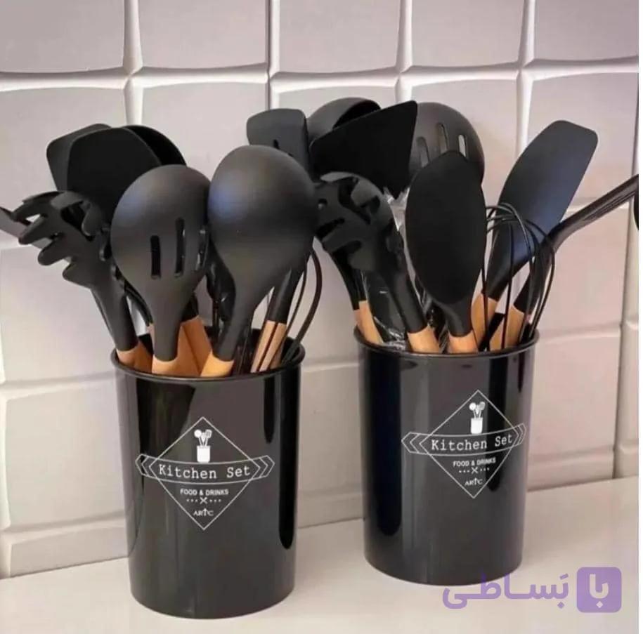 ست کفگیر ملاقه سیلکونی دسته بامبو