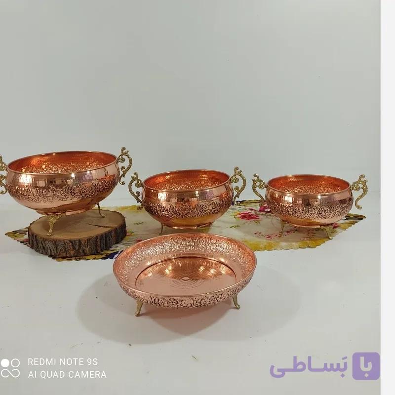 ظروف پذیرایی مسی 4 تیکه دست ساز گل برجسته قلم زنی