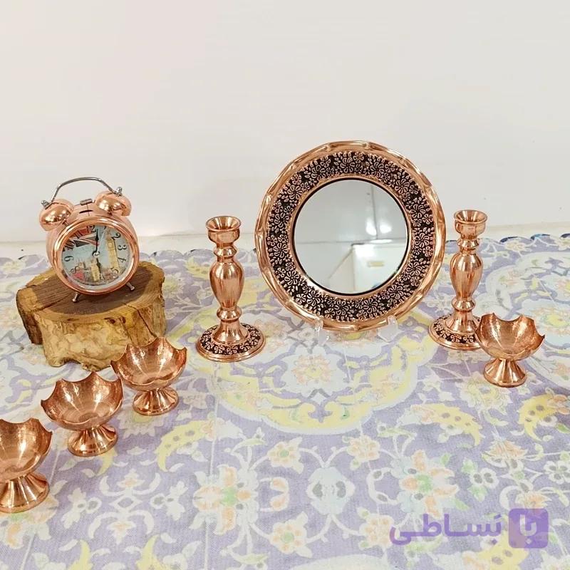 آیینه شمعدان مسی دست ساز سفره هفت سین گل کاری برجسته