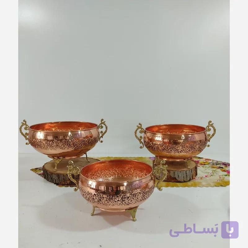 سرویس پذیرایی مسی 3 تیکه دست ساز گل برجسته قلم زنجان