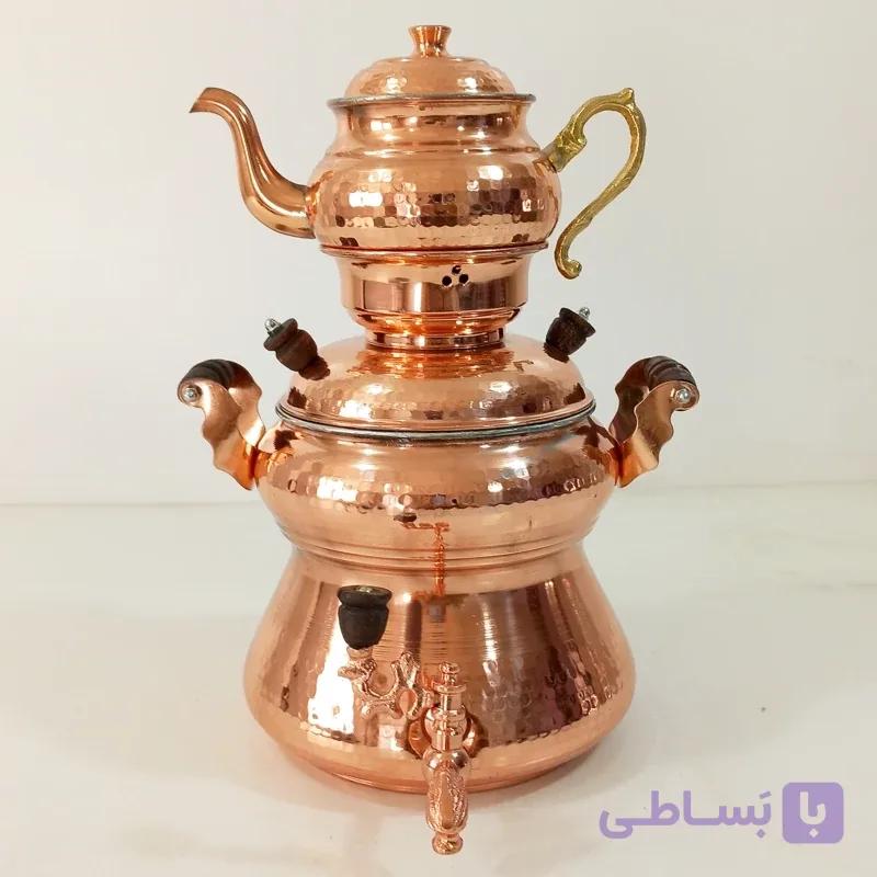 کتری روگازی مسی با قوری ظرفیت حدودا سه و نیم لیتری چکشی نانو شده رنگ ثابت