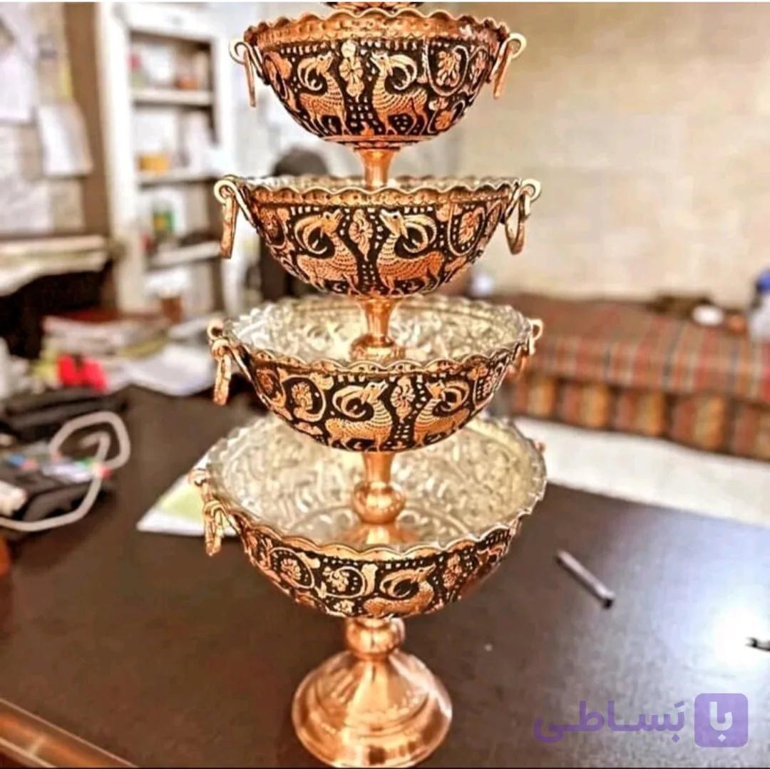 کاسه تک پایه سیاه قلم مسی سایز 2 ارتفاع 19 سانت گوشواره دار