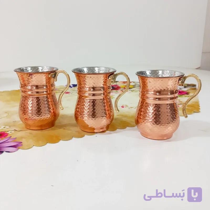 لیوان 4 عددی مسی نانو رنگ ثابت دسته برنجی زنجان چکش کاری شده