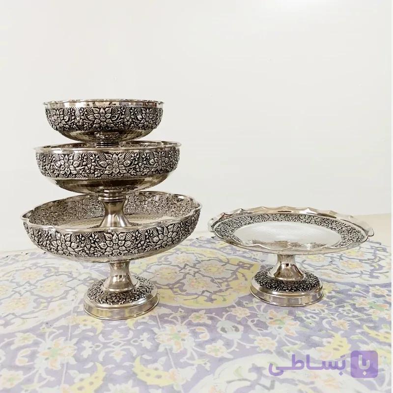 سرویس پذیرایی مسی 4 تکه دست ساز گل برجسته سیاه قلم چکش کاری رنگ ثابت