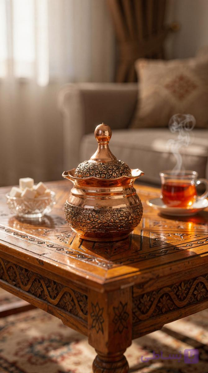 قندان مسی گلبرگ سیاه قلم گل برجسته طرح گلبرگ