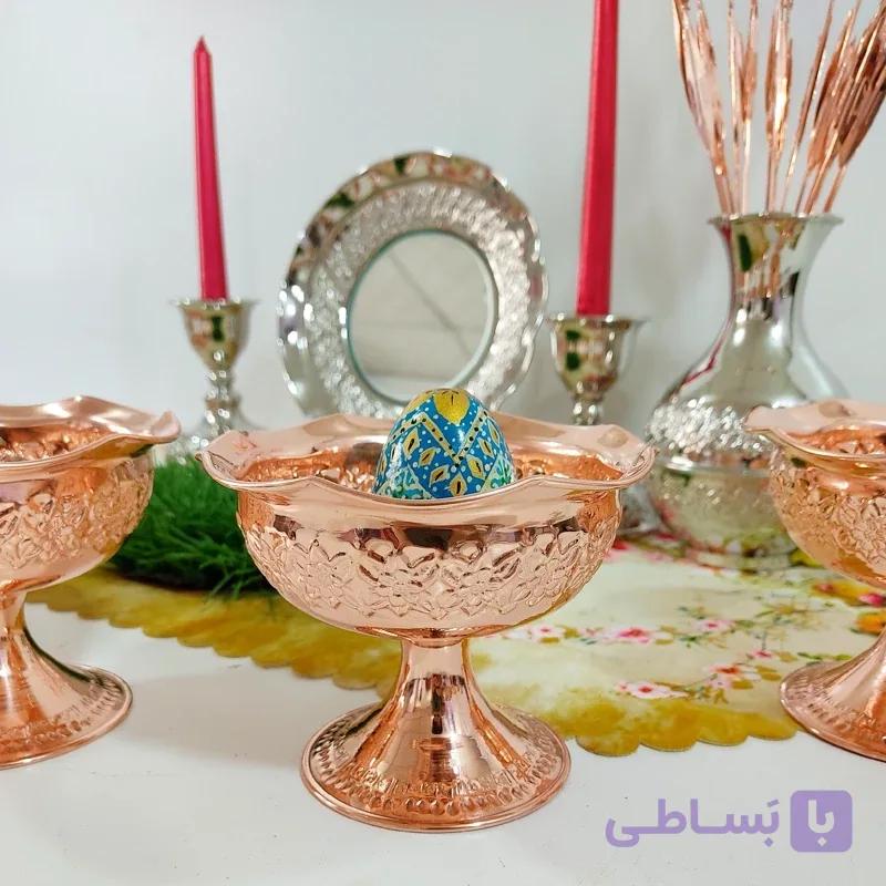ست 6 عددی پیاله مسی پایه دار طرح گل برجسته رنگ ثابت نانو دست ساز زنجان