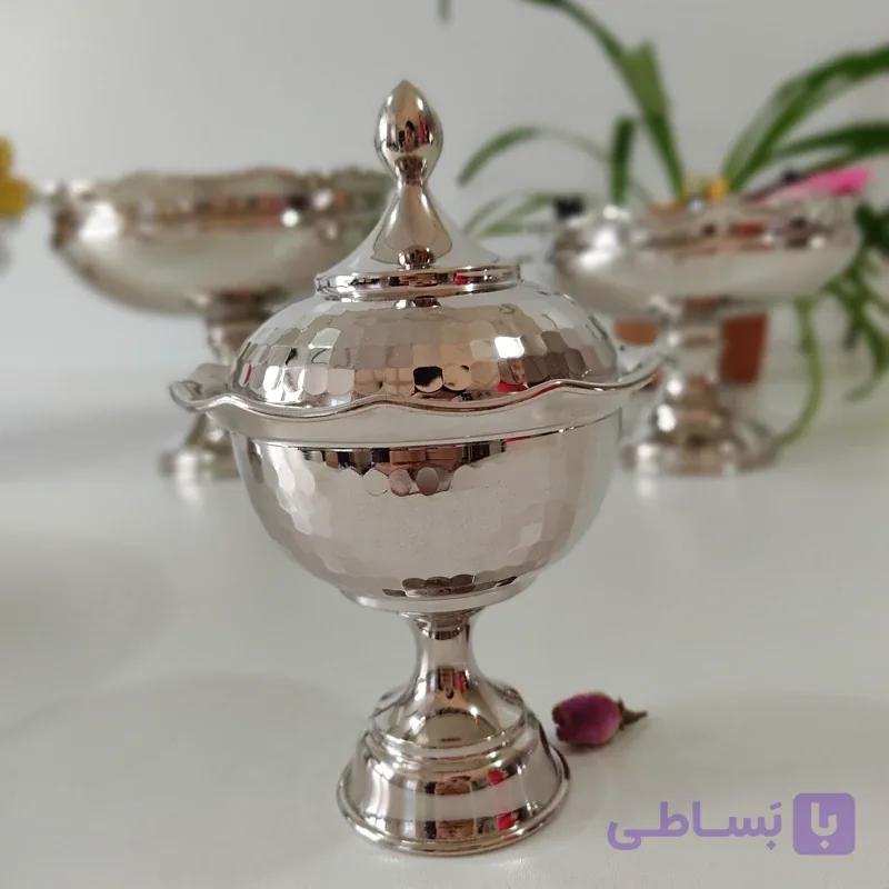 قندان تمام مس با روکش کروم چکش منظم تمیز اعلا قطر 10ونیم به ارتفاع 17سانتی متر