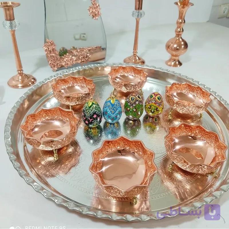پیاله مسی 6 تایی طرح گل رز هنر دست زنجان پوشش نانو سه پایه