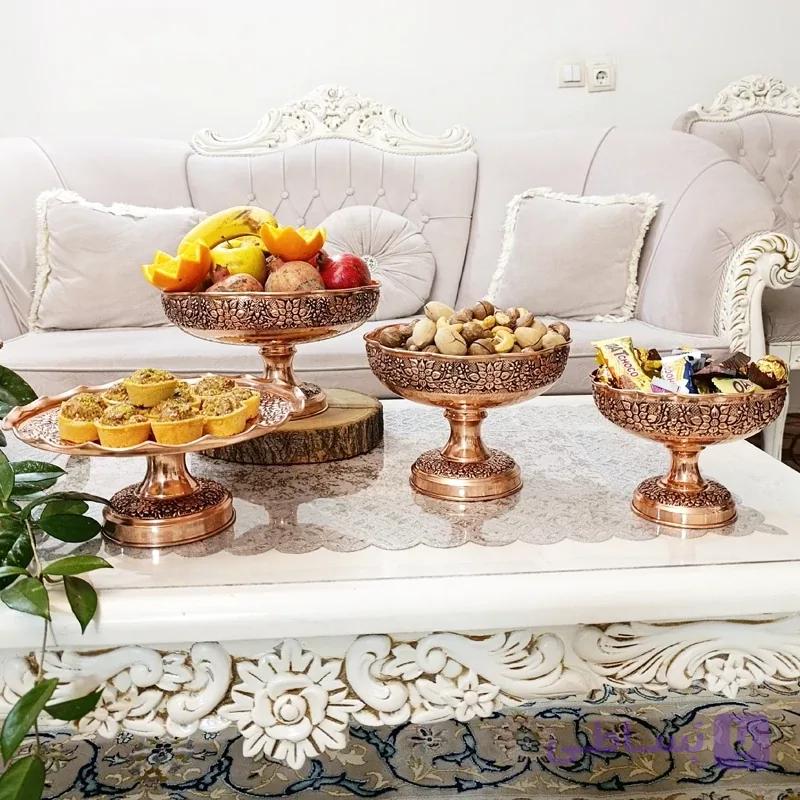 سرویس پذیرایی جهاز چهار تیکه تمام مسی گل برجسته کاری شده رنگ ثابت