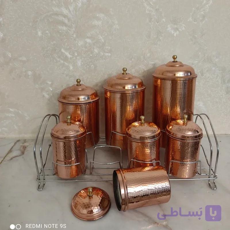 سرویس پاسماوری هفت پارچه مسی رنگ ثابت نانو همراه با استند فلزی