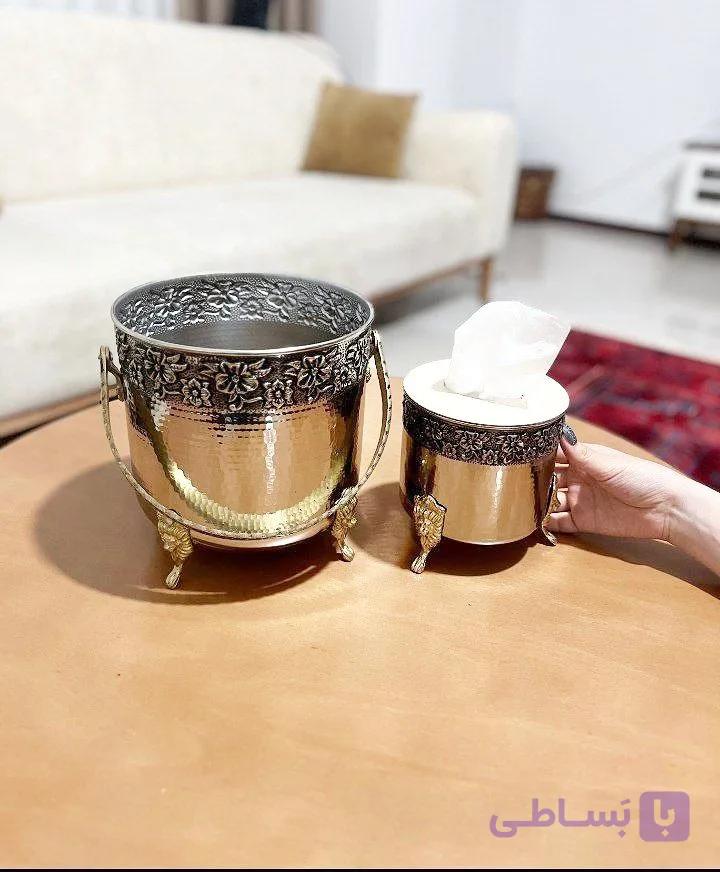 ست جا دستمال کاغذی تمام مسی کروم و سطل زباله جا کلنکسی مسی براق نانو