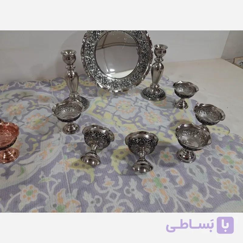 هفت سین مسی کروم شده شش تایی با آینه شمعدان گلبرگ