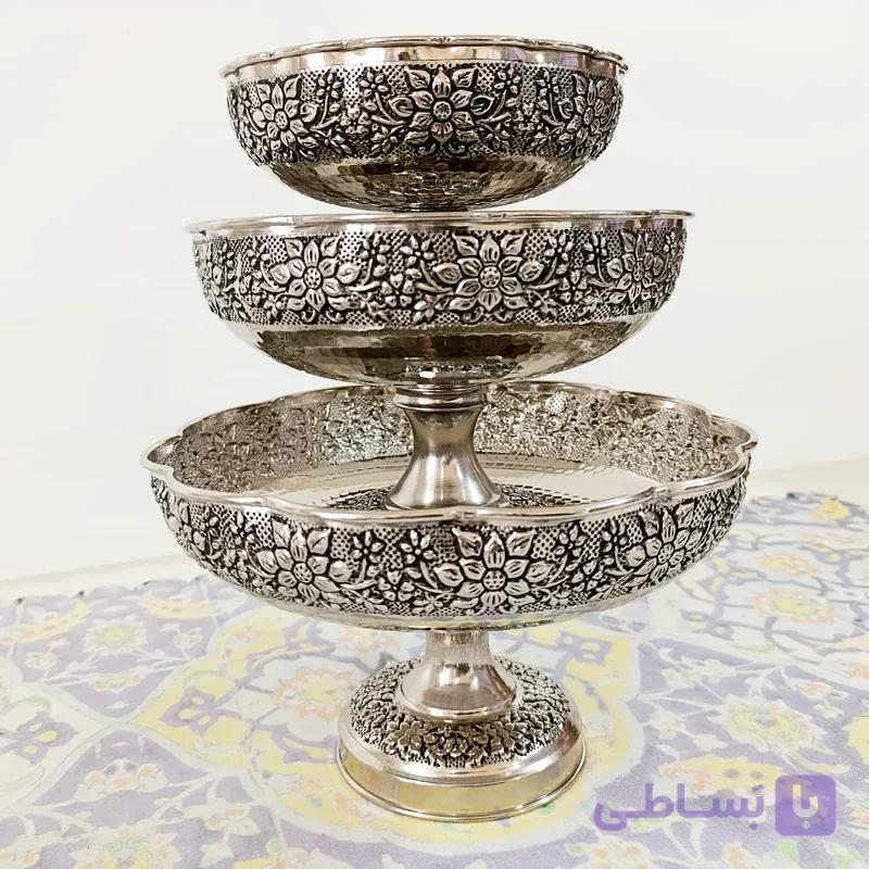 ظروف پذیرایی مسی چهار تیکه آبکاری کروم نانو شده طرح گل برجسته