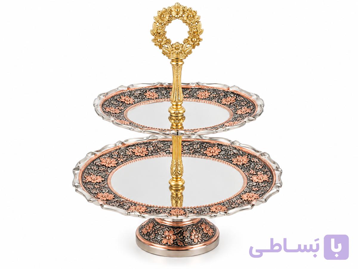 شیرینی خوری دو طبقه مسی کروم تراش گلبرگ اعلا و درجه یک