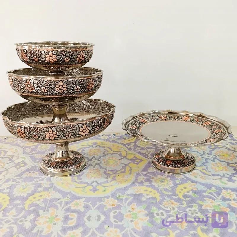 سرویس پذیرایی چهار تیکه تمام مسی کروم تراش شده نانوطرح گلبرگ قلم
