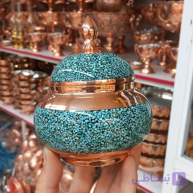 قندان یا تنقلات و شکلات خوری فیروزه کوب مسی با مهر استاندارد