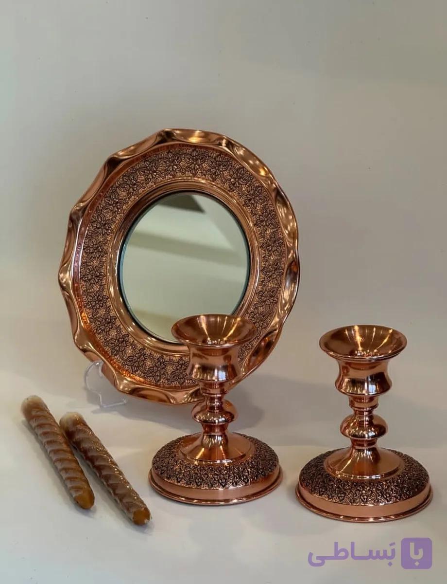 آینه شمعدان تمام مس سایز ۱ نانو شده گل برجسته