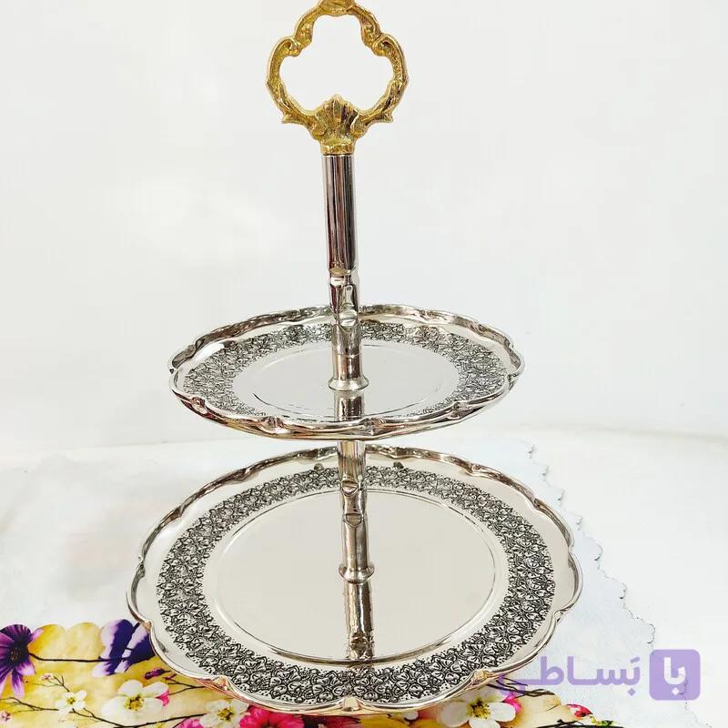 شیرینی خوری مسی کروم دیبا گل دو طبقه در مس زنجان نمونه