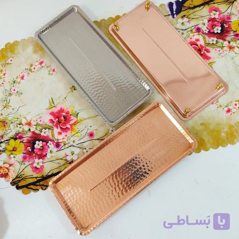 رولت خوری یا شیرینی خوری مستطیل مسی پایه دار چکشی رنگ ثابت