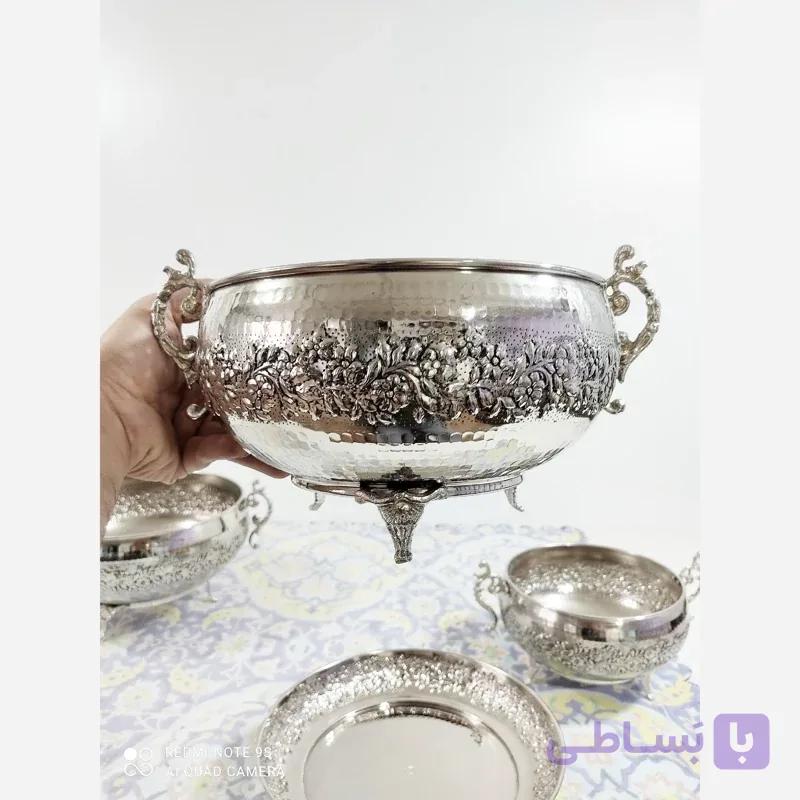 سرویس پذیرایی 3تیکه (غیر از آجیل خوری) مسی کروم شده و نانو شده مدل اطلس گل کاری چکش کاری شده