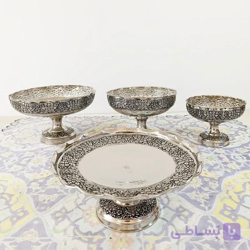 میوه خوری و شکلات خوری مسی کروم گل برجسته سیاه قلم ۲ تیکه نانو رنگ ثابت