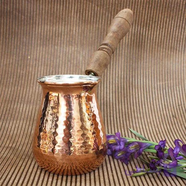 قهوه جوش مسی سایز ۳ دهانه ۹ دسته چوبی حجم ۶ کاپ