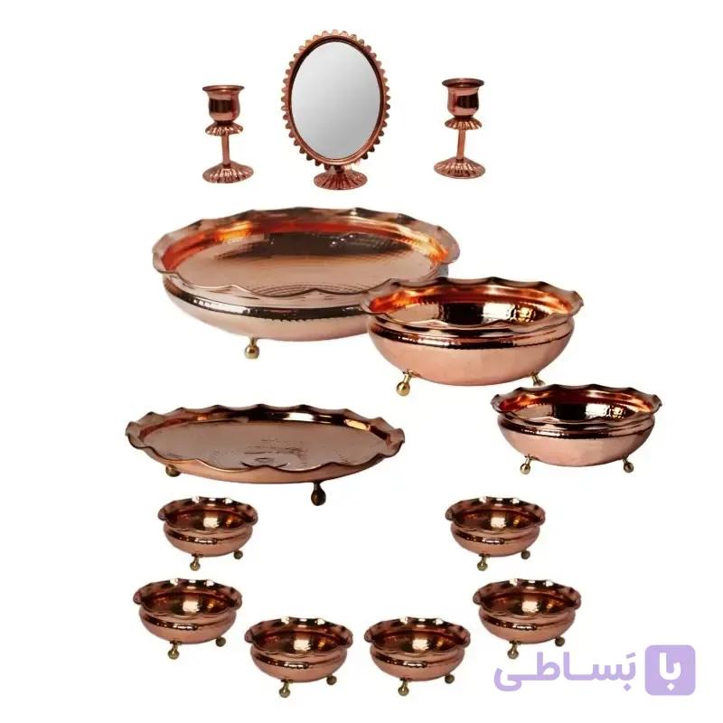 ست پذیرایی 3 پایه مجلل 4 تیکه و هفت سین 3 پایه مجلل مسی. آینه و شمعدان مسی کلا 13 تیکه شیک و با کیفیت در مس نمونه زنجان