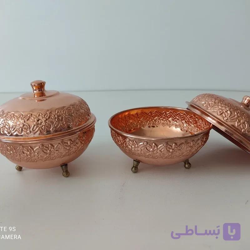 قندان مسی سه پایه دو عددی کار شیک نانو شده با طرح گل رز