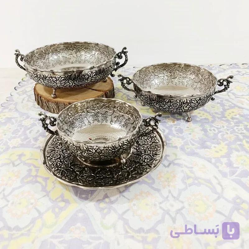 سرویس پذیرایی مسی سه پایه دسته دار سلطنتی کروم و نانو شده چهار تیکه زنجان طرح گل برجسته