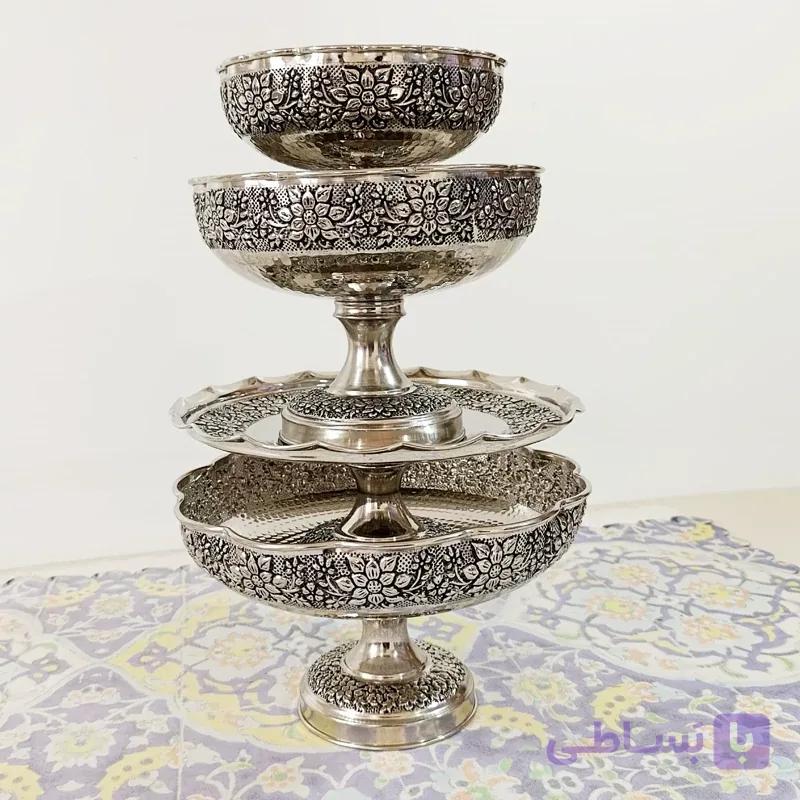 سرویس چهار تیکه پذیرایی تمام مسی کروم نانو طرح گلبرگ قلم