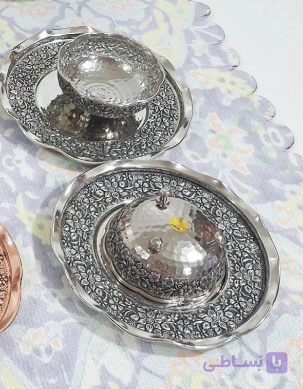 پیاله و پیش دستی مسی ۱۲ تایی گلبرگ تراش نانو شده
